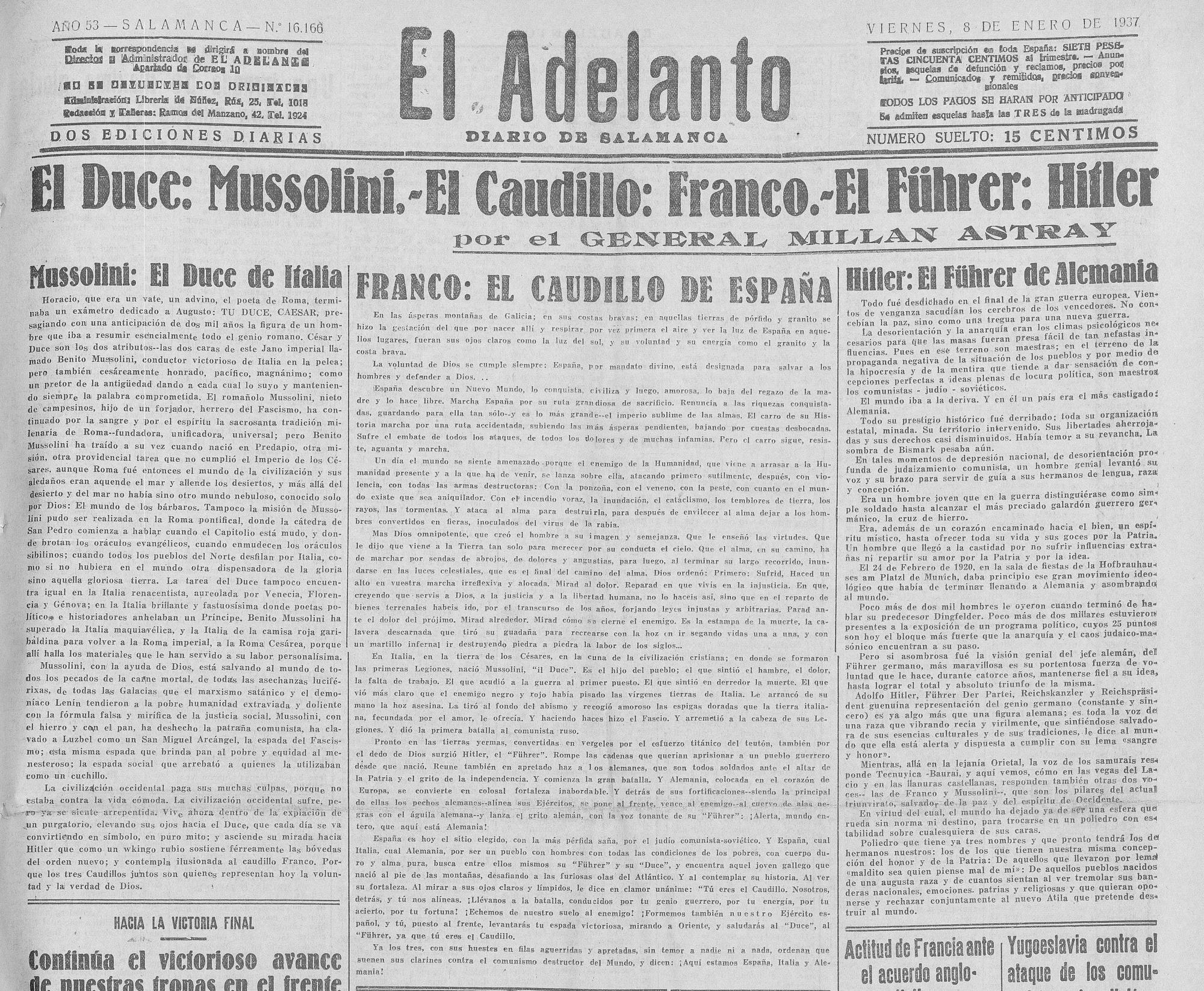El artículo de Millán Astray en la portada de El Adelanto